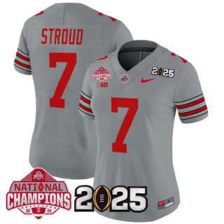 Women's Ohio State Buckeyes #7 C.J. Stroud 'Heritage Stripe' 2025 CFP Final With National Champions Patch Vapor Limited Jersey - Gray