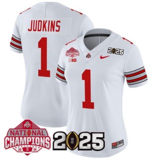 Women's Ohio State Buckeyes #1 Quinshon Judkins 'Heritage Stripe' 2025 CFP Final With National Champions Patch Vapor Limited Jersey - White