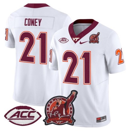 Men's Virginia Tech Hokies #21 Jeremiah Coney Coach Frank Beamer Patch 2025 Vapor Limited Jersey - White