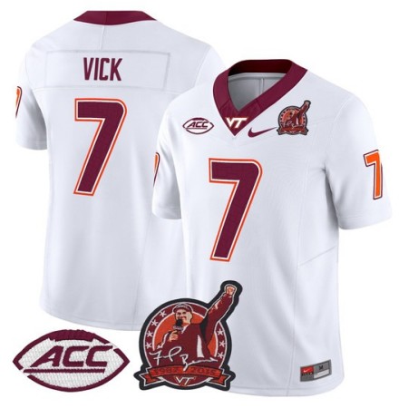 Men's Virginia Tech Hokies #7 Michael Vick Coach Frank Beamer Patch 2025 Vapor Limited Jersey - White
