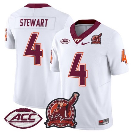 Men's Virginia Tech Hokies #4 Terion Stewart Coach Frank Beamer Patch 2025 Vapor Limited Jersey - White