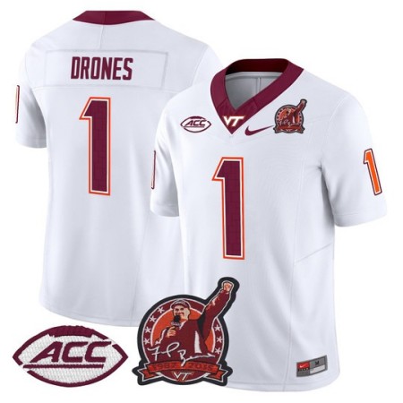 Men's Virginia Tech Hokies #1 Kyron Drones Coach Frank Beamer Patch 2025 Vapor Limited Jersey - White