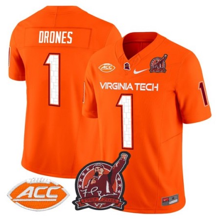 Men's Virginia Tech Hokies #1 Kyron Drones Coach Frank Beamer Patch 2025 Vapor Limited Jersey - Orange
