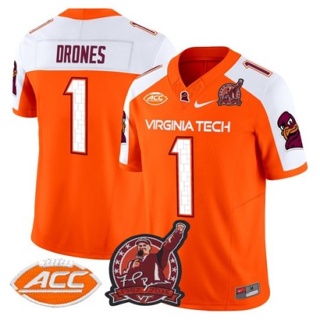 Men's Virginia Tech Hokies #1 Kyron Drones Coach Frank Beamer Patch 2025 Vapor Limited Jersey - Orange Alternate
