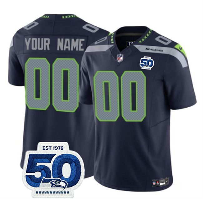 Seattle Seahawks Custom Navy 2025 F.U.S.E. 50th Anniversary Patch Vapor Limited Stitched Football Jersey