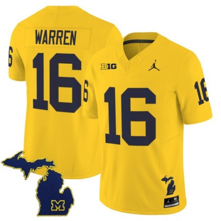 Men's Michigan Wolverines #16 Davis Warren F.U.S.E. 2025 With State Map Patch Vapor Limited Jersey - Maize