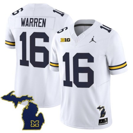 Men's Michigan Wolverines #16 Davis Warren F.U.S.E. 2025 With State Map Patch Vapor Limited Jersey - White