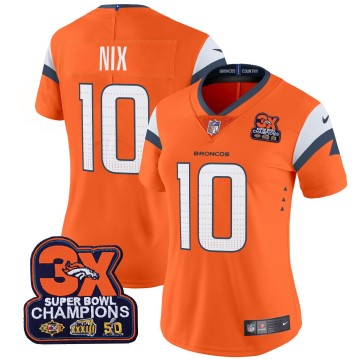 Women's Denver Broncos #10 Bo Nix Orange 3-Time Champions Patch Vapor Limited V4 Stitched Jersey