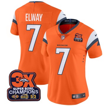 Women's Denver Broncos #7 John Elway Orange 3-Time Champions Patch Vapor Limited V4 Stitched Jersey