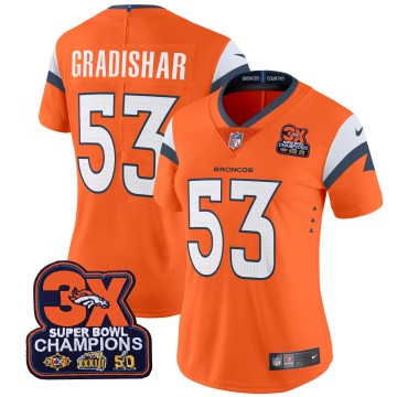 Women's Denver Broncos #53 Randy Gradishar Orange 3-Time Champions Patch Vapor Limited V4 Stitched Jersey