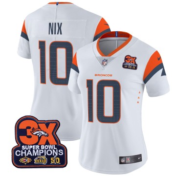 Women's Denver Broncos #10 Bo Nix White 3-Time Champions Patch Vapor Limited V4 Stitched Jersey