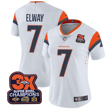 Women's Denver Broncos #7 John Elway White 3-Time Champions Patch Vapor Limited V4 Stitched Jersey