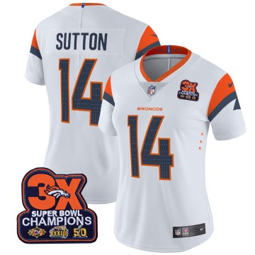 Women's Denver Broncos #14 Courtland Sutton White 3-Time Champions Patch Vapor Limited V4 Stitched Jersey