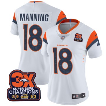 Women's Denver Broncos #18 Peyton Manning White 3-Time Champions Patch Vapor Limited V4 Stitched Jersey