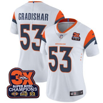 Women's Denver Broncos #53 Randy Gradishar White 3-Time Champions Patch Vapor Limited V4 Stitched Jersey