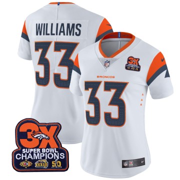 Women's Denver Broncos #33 Javonte Williams White 3-Time Champions Patch Vapor Limited V4 Stitched Jersey