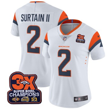 Women's Denver Broncos #2 Patrick Surtain II White 3-Time Champions Patch Vapor Limited V4 Stitched Jersey
