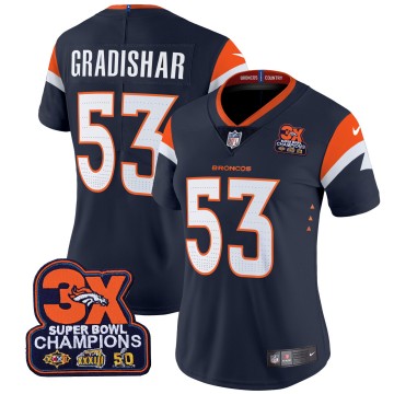 Women's Denver Broncos #53 Randy Gradishar Navy 3-Time Champions Patch Vapor Limited V4 Stitched Jersey