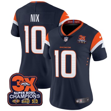 Women's Denver Broncos #10 Bo Nix Navy 3-Time Champions Patch Vapor Limited V4 Stitched Jersey