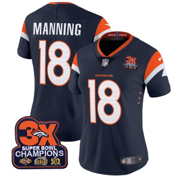 Women's Denver Broncos #18 Peyton Manning Navy 3-Time Champions Patch Vapor Limited V4 Stitched Jersey