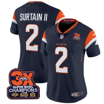 Women's Denver Broncos #2 Patrick Surtain II Navy 3-Time Champions Patch Vapor Limited V4 Stitched Jersey