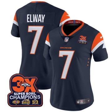 Women's Denver Broncos #7 John Elway Navy 3-Time Champions Patch Vapor Limited V4 Stitched Jersey