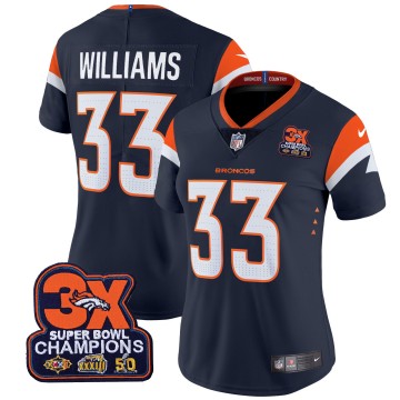 Women's Denver Broncos #33 Javonte Williams Navy 3-Time Champions Patch Vapor Limited V4 Stitched Jersey