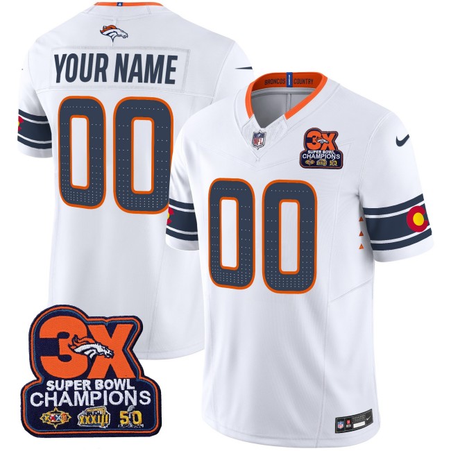 Denver Broncos Custom 3X Patch Colorado Flag F.U.S.E. Vapor Limited V5 Stitched Jersey  - White