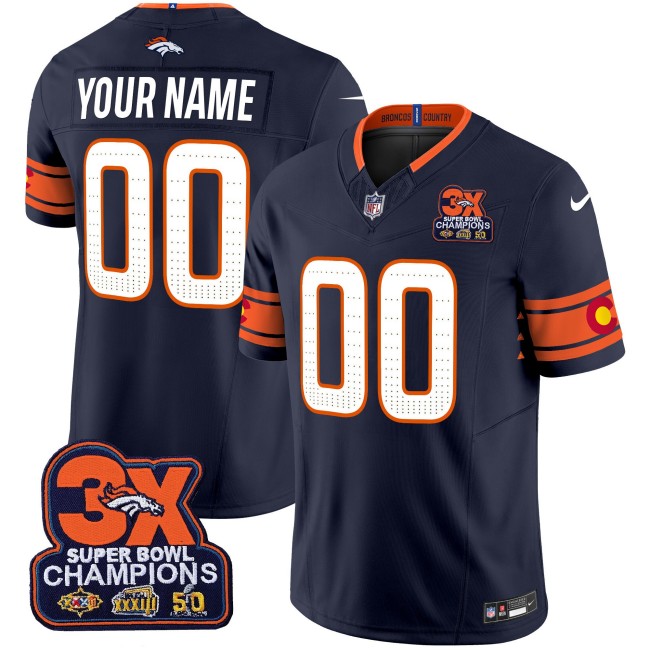 Denver Broncos Custom 3X Patch Colorado Flag F.U.S.E. Vapor Limited V5 Stitched Jersey  - Navy
