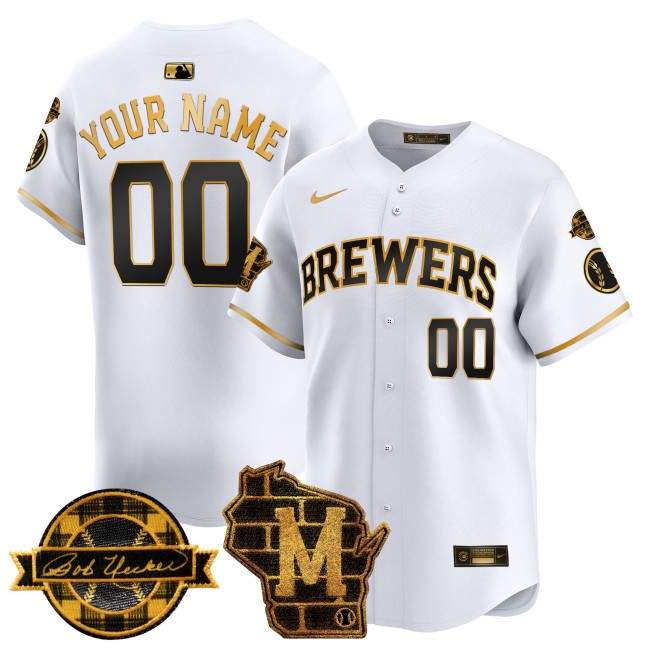 All-Gender Milwaukee Brewers Custom Home & Bob Uecker Patch Vapor Premier Limited Stitched MLB Nike Jersey - White Gold
