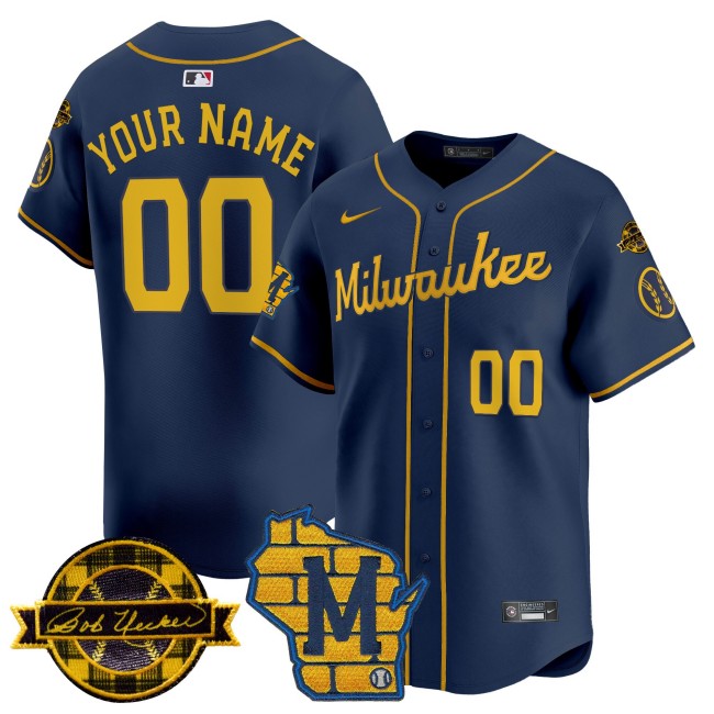 All-Gender Milwaukee Brewers Custom Home & Bob Uecker Patch Vapor Premier Limited Stitched MLB Nike Jersey - Navy