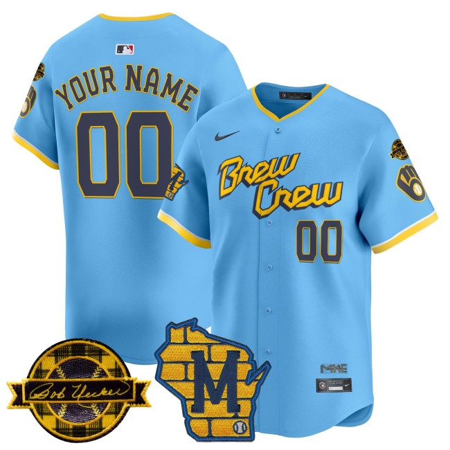 All-Gender Milwaukee Brewers Custom Home & Bob Uecker Patch Vapor Premier Limited Stitched MLB Nike Jersey - City Connect Blue