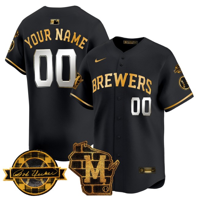 All-Gender Milwaukee Brewers Custom Home & Bob Uecker Patch Vapor Premier Limited Stitched MLB Nike Jersey - Black Gold