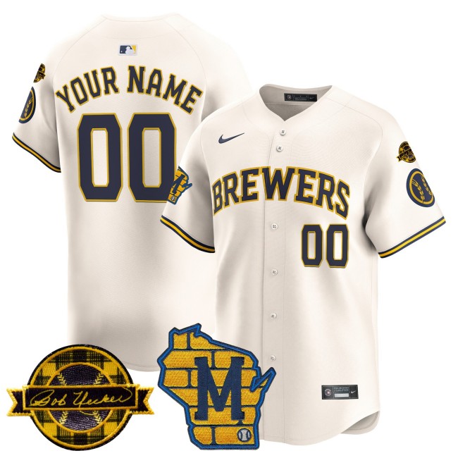 All-Gender Milwaukee Brewers Custom Home & Bob Uecker Patch Vapor Premier Limited Stitched MLB Nike Jersey - Cream