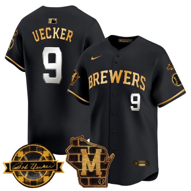 Men's Milwaukee Brewers #9 Bob Uecker Home & Bob Uecker Patch Vapor Premier Limited Stitched MLB Jersey - Black Gold