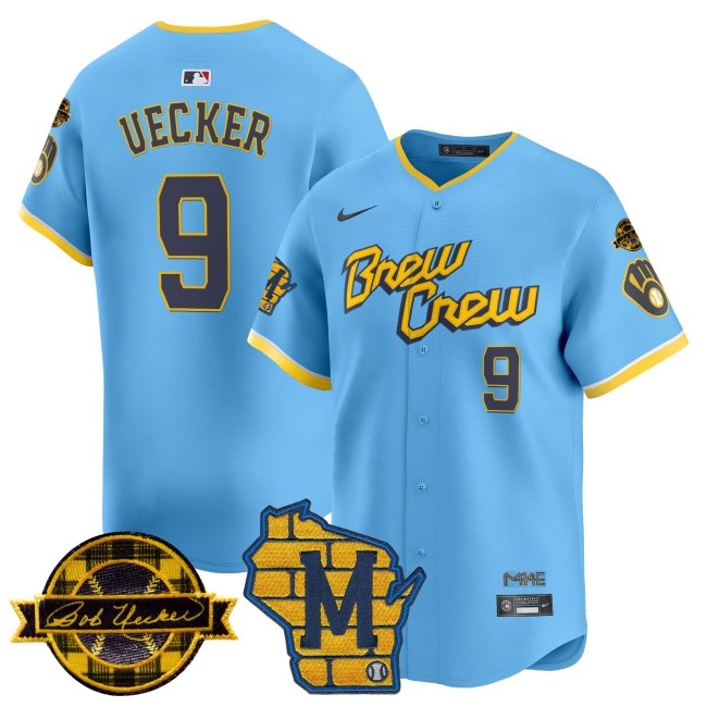 Men's Milwaukee Brewers #9 Bob Uecker Home & Bob Uecker Patch Vapor Premier Limited Stitched MLB Jersey - City Connect Blue