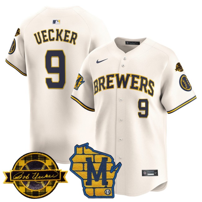 Men's Milwaukee Brewers #9 Bob Uecker Home & Bob Uecker Patch Vapor Premier Limited Stitched MLB Jersey - Cream