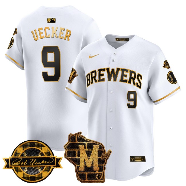 Men's Milwaukee Brewers #9 Bob Uecker Home & Bob Uecker Patch Vapor Premier Limited Stitched MLB Jersey - White Gold