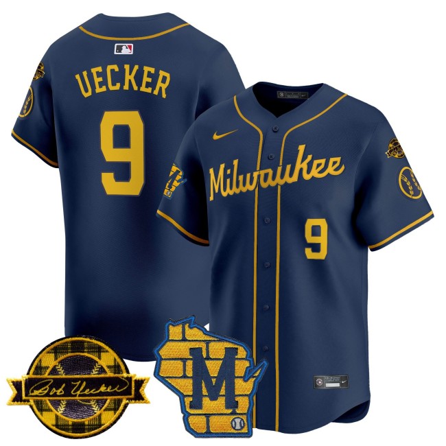 Men's Milwaukee Brewers #9 Bob Uecker Home & Bob Uecker Patch Vapor Premier Limited Stitched MLB Jersey - Navy