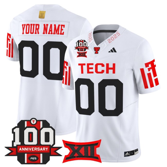 Texas Tech Red Raiders Custom White F.U.S.E. 100th Anniversary Patch 2025 Vapor Limited Stitched Football Jersey