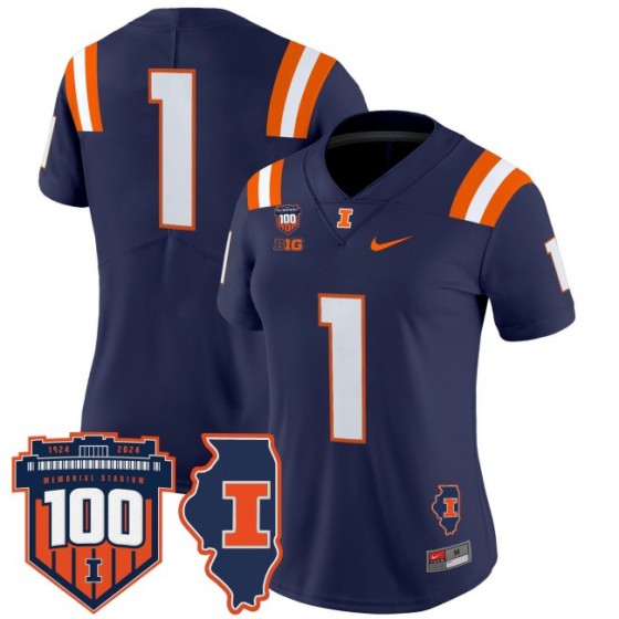 Women's Illinois Fighting Illini #1 Navy 100th Memorial Stadium Patch Vapor Limited Stitched Football Jersey