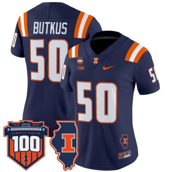 Women's Illinois Fighting Illini #50 Dick Butkus Navy 100th Memorial Stadium Patch Vapor Limited Stitched Football Jersey