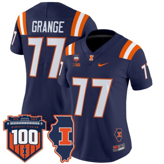 Women's Illinois Fighting Illini #77 Red Grange Navy 100th Memorial Stadium Patch Vapor Limited Stitched Football Jersey