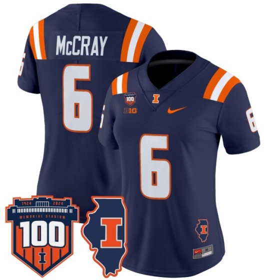 Women's Illinois Fighting Illini #6 Josh McCray Navy 100th Memorial Stadium Patch Vapor Limited Stitched Football Jersey