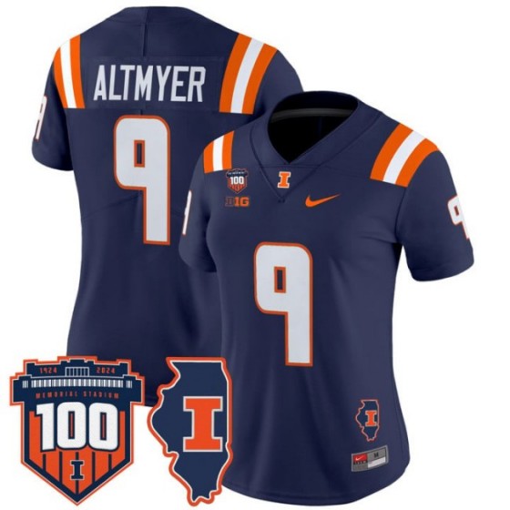 Women's Illinois Fighting Illini #9 Luke Altmyer Navy 100th Memorial Stadium Patch Vapor Limited Stitched Football Jersey