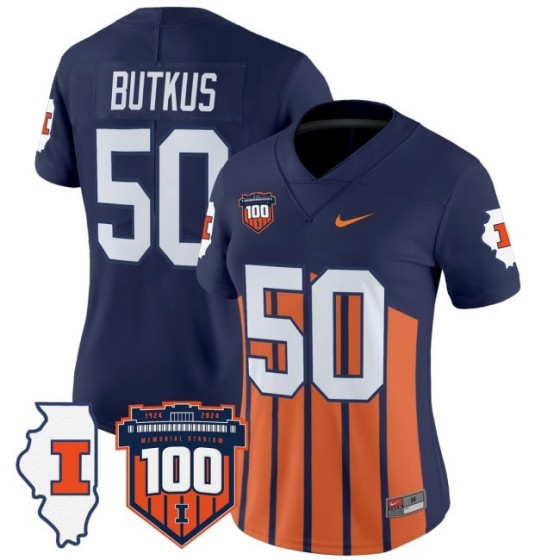 Women's Illinois Fighting Illini #50 Dick Butkus Throwback 100th Memorial Stadium Patch Vapor Limited Stitched Football Jersey