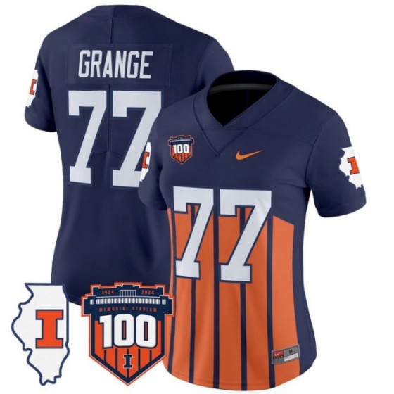 Women's Illinois Fighting Illini #77 Red Grange Throwback 100th Memorial Stadium Patch Vapor Limited Stitched Football Jersey