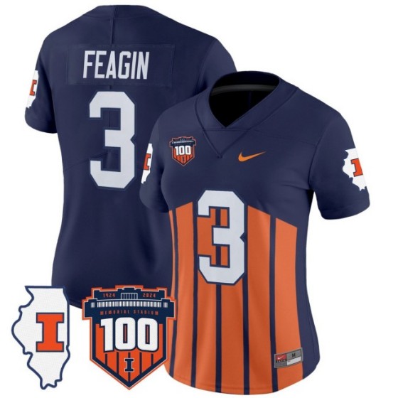 Women's Illinois Fighting Illini #3 Kaden Feagin Throwback 100th Memorial Stadium Patch Vapor Limited Stitched Football Jersey