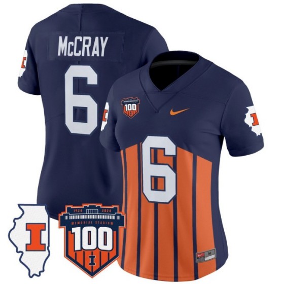 Women's Illinois Fighting Illini #6 Josh McCray Throwback 100th Memorial Stadium Patch Vapor Limited Stitched Football Jersey