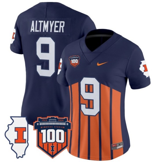 Women's Illinois Fighting Illini #9 Luke Altmyer Throwback 100th Memorial Stadium Patch Vapor Limited Stitched Football Jersey